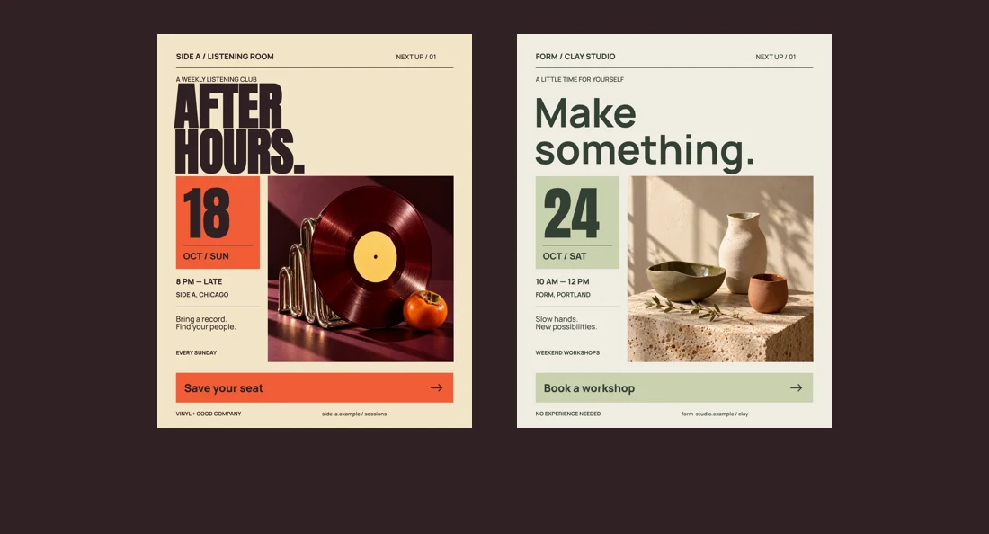 NEXT UP weekly announcements for a vinyl listening club and a ceramics workshop