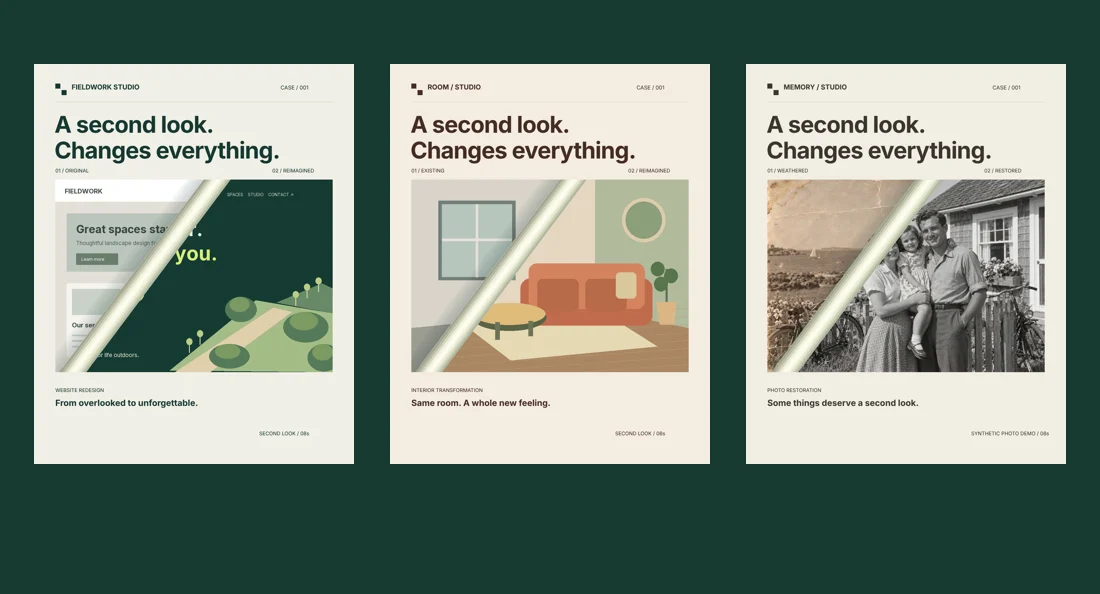 SECOND LOOK paper-peel reveal across website, interior, and photo demonstrations
