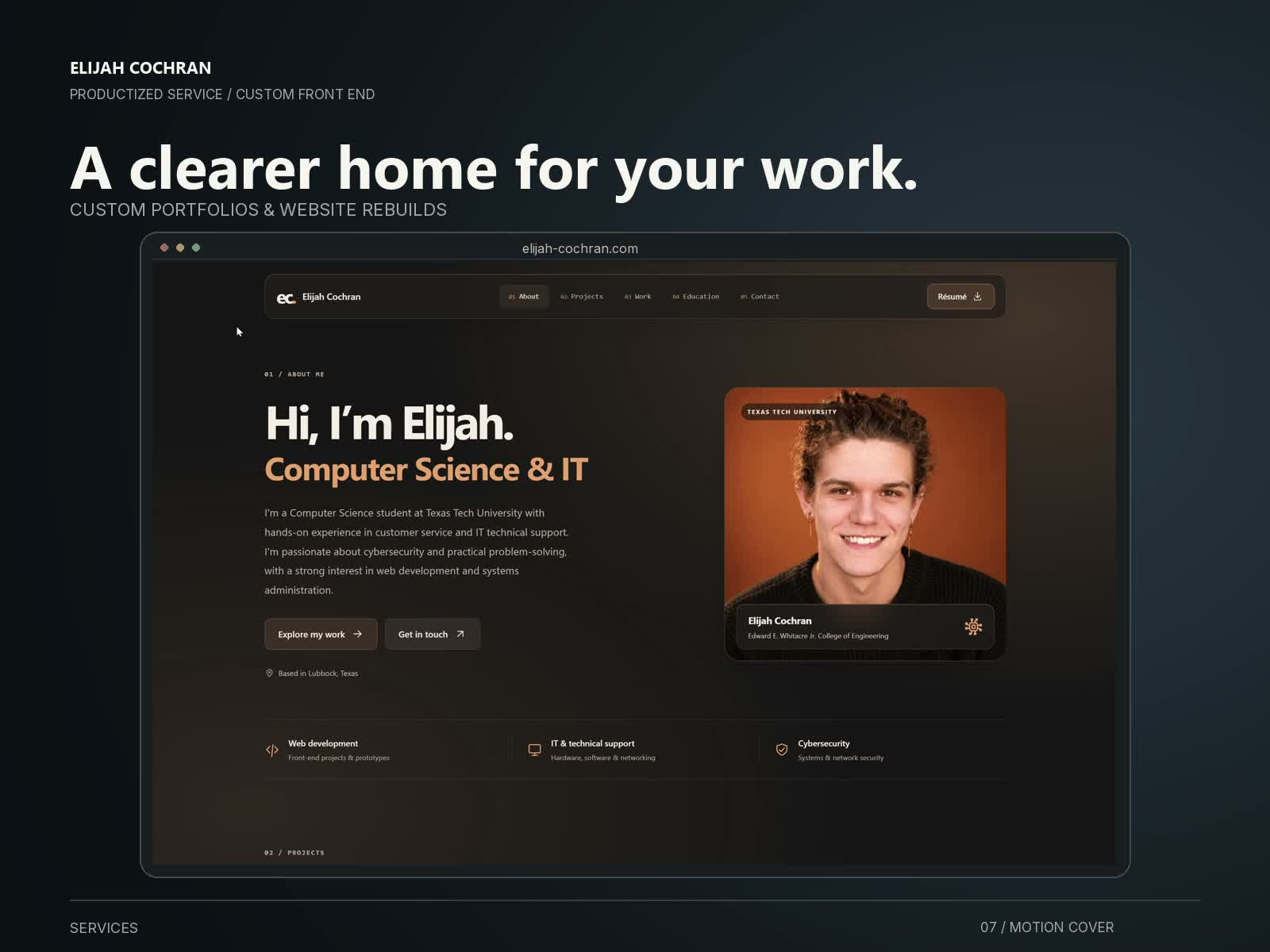 Custom portfolio and website rebuild service featuring Elijah Cochran's portfolio in a browser frame