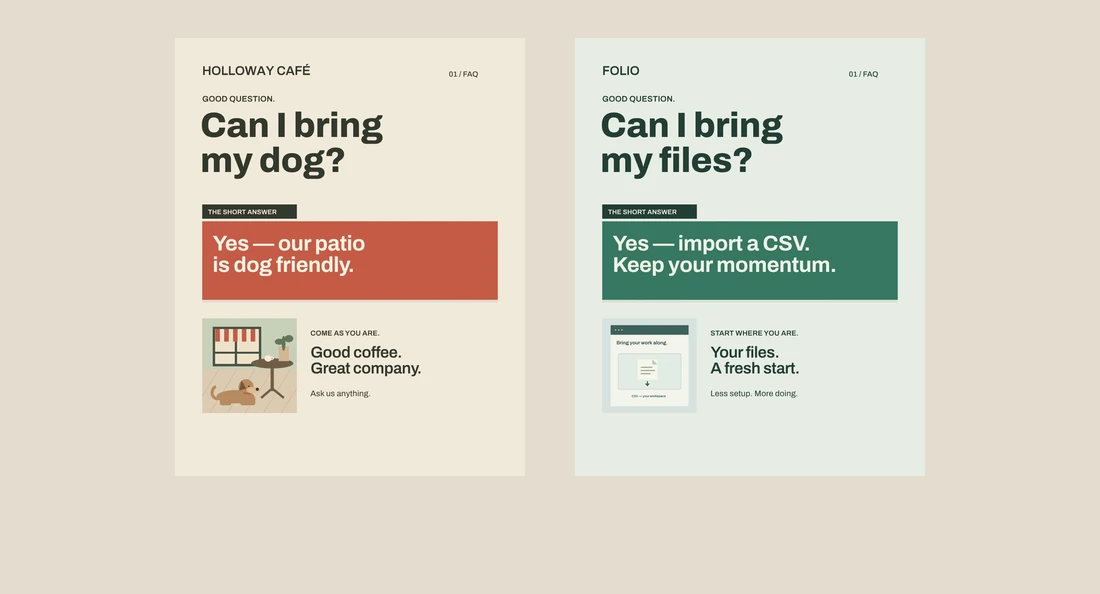 SHORT ANSWER FAQ animation rebranded for a café and a software product