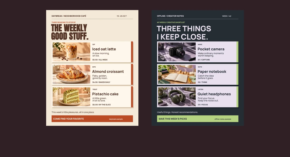 THIS WEEK roundups featuring a café's specials and a creator's recommendations